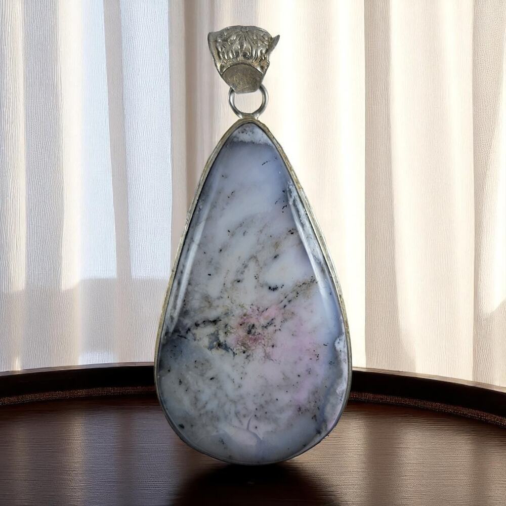 Dendritic Agate Teardrop Pendant Sterling Silver 2" Natural Gemstone